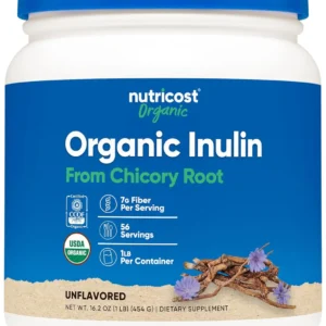 One pound bottle of Nutricost organic inulin powder, a vegetarian-friendly and gluten-free fiber supplement derived from chicory root, certified USDA organic and manufactured in a GMP compliant, FDA registered facility.