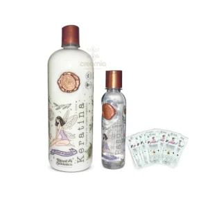 One liter organic keratin hair treatment kit with shampoo, bioserums, and instructions for smooth, frizz-free hair.