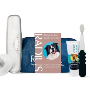 The Radius Organic Pet Deluxe Oral Care Kit includes an ergonomic dog toothbrush, certified organic toothpaste with coconut oil, a toothbrush holder, a critter case, and a stylish blue travel bag for clean teeth and fresh breath.