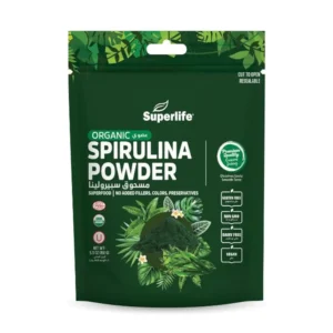 Superlife organic spirulina powder, a potent source of Vitamin B12, Vitamin A, and Iron, ethically and sustainably sourced for smoothies and shakes.