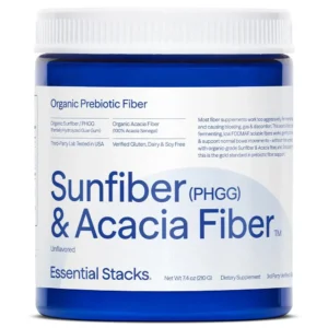 This is an unflavored prebiotic fiber supplement featuring organic sunfiber and acacia fiber powder that supports healthy digestion, is gluten-free, non-GMO, and gentle on the gut.