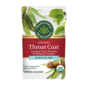 Sixteen individually wrapped Traditional Medicinals Organic Throat Coat eucalyptus mint flavored menthol cough drops to soothe sore throats and relieve coughs.
