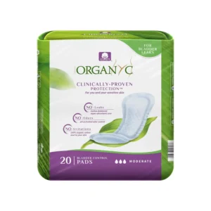 Four packs of Organyc light incontinence pads made with 100% organic cotton, designed for moderate flow and bladder leak protection while being gentle on sensitive skin.