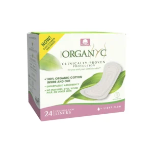 A box of 24 Organyc panty liners made with organic cotton for light flow.