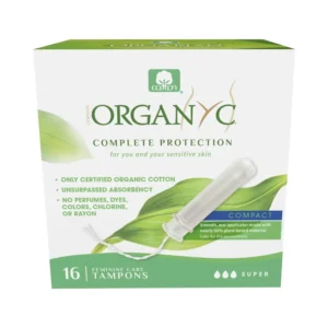 Sixteen Organyc super flow tampons with plant-based applicators made with soft, hypoallergenic, and absorbent 100% certified organic cotton for sensitive skin.