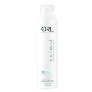 ORL natural and organic mouthwash in eco-friendly aluminum bottle, formulated to clean your mouth, whiten your teeth, and strengthen tooth enamel with safe, plant-based ingredients.