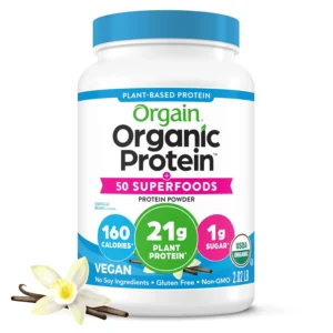 A 2.02-pound container of Orn Organic Plant Based Protein Powder in Vanilla Bean flavor, a vegan, gluten-free, and soy-free superfood blend with 21 grams of protein per serving.