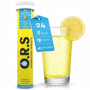 Tube of 24 O.R.S Hydration lemon flavored electrolyte tablets for rapid rehydration, sports recovery, and everyday wellness.