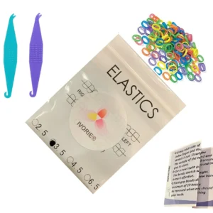 A pack of mixed color ortho elastic rubber bands for closing teeth gaps and other uses like braces and crafts.
