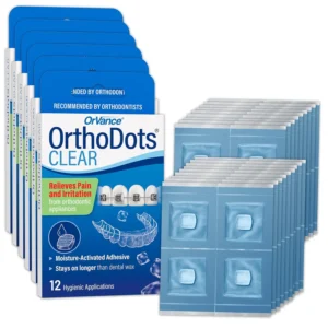 Orvance OrthoDots CLEAR offer pain relief from braces and aligners with a clear, moisture-activated formula that lasts up to 24 hours, providing a safer and more reliable alternative to traditional dental wax.