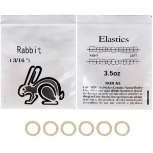 A close-up image showing a pack of 500 orthodontic elastic rubber bands designed for dental use, offering gentle and long-lasting traction with high elasticity and durability, made from safe, imported rubber materials.