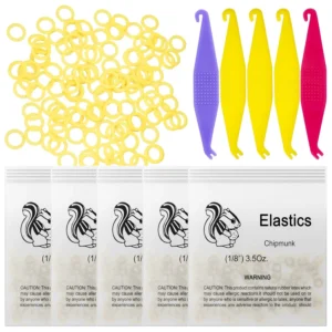 This set includes 500 high-quality orthodontic elastic rubber bands and 5 plastic placers with double-ended hooks for easy application and removal of the elastic bands for braces, hair braids, and other uses.