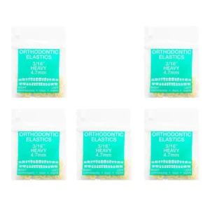 This image shows a pack of USA made 3/16 inch heavy orthodontic elastics, designed for intraoral use and manufactured with prime grade latex for teeth alignment, but should not be used by individuals with latex allergies.