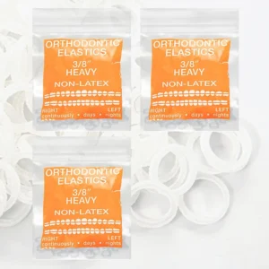 A pack of 300 clear, prime medical grade orthodontic elastic bands, heavy force, 3/8 inch size, for consistent and accurate dental use.