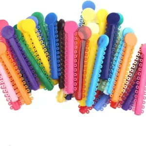 A colorful assortment of 40 orthodontic ligature ties offers high strength, elasticity, and superior color stability for effective and gentle teeth alignment with braces.