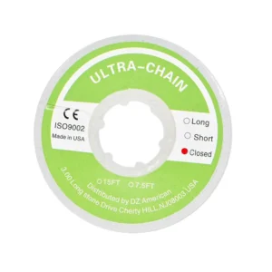 Spool of clear hypoallergenic dental power chains with superior elongation, designed for easy elastic placement in orthodontic braces with flexible and resilient rubber bands.