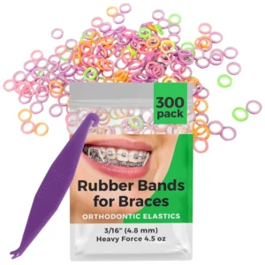 A colorful assortment of 3/16 inch orthodontic rubber bands, ideal for braces, hair braids, and dreadlocks, with a free elastic placer tool.