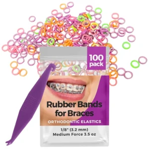 Neon 1/8 inch orthodontic rubber bands providing medium force for braces, gap closure, and various dental and creative applications, including one elastic placer.
