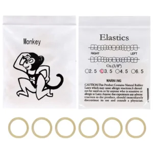 Ten bags of 3/8 inch clear orthodontic rubber bands, also suitable for dog grooming, doll hair, and crafts; however, contains latex.