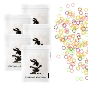 A close-up shows colorful Annhua orthodontic rubber bands in a pile, perfect for braces, closing teeth gaps, and also suitable for dog grooming and styling braids.