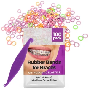 These neon orthodontic rubber bands for braces are 1/4 inch and come with a free elastic placer for easy application for teeth gaps, dreadlocks, or hair.