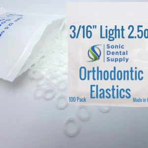 A close-up shows a small pile of clear, latex-free orthodontic elastic rubber bands, size 3/16 inch with light force, designed for braces and other uses.