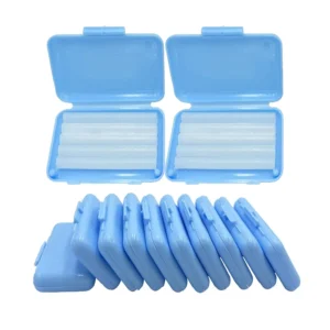 Ten boxes of blue mint flavored orthodontic wax for braces, providing relief from irritation and pain caused by wires and brackets.