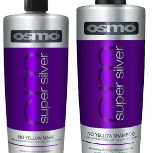 A one-liter pack of Osmo Super Silver shampoo and hair mask duo for cleansing and conditioning hair.