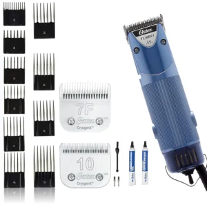 Oster A5 dual-speed clipper kit includes CryogenX #10 and #7F blades along with a 7 piece universal comb set for professional grooming.