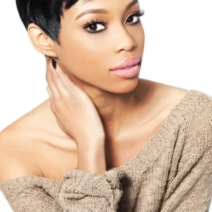 This image displays the Outre Tara 27pcs Velvet Remy human hair weave, showcasing its short, curly texture and 100% Remi human hair construction.