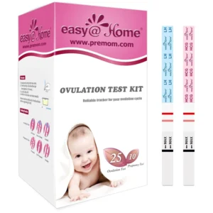Easy@Home ovulation and pregnancy test kit with 25 ovulation strips and 10 pregnancy test strips to help women trying to conceive naturally track their fertility.