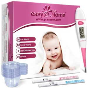 Easy@Home ovulation test kit with 50 LH strips, 20 early pregnancy tests, a basal body thermometer, and 70 urine cups to help you track ovulation and detect early pregnancy.