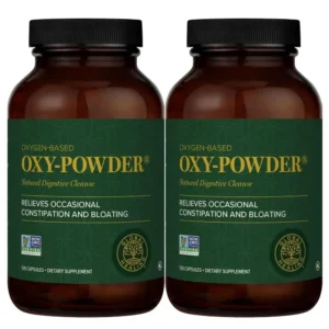 Two bottles of Global Healing Center Oxy-Powder colon cleanse supplement to detox the gut and relieve occasional constipation.