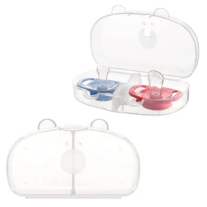 Clear BPA-free pacifier case holds two pacifiers, keeping baby's soothers clean and protected from dust during travel or at home.