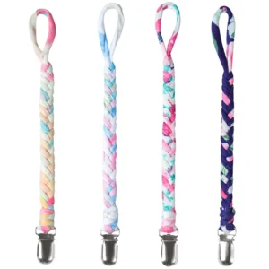 Four pacifier clips in gray, yellow, white, and blue colors, made of skin-friendly polyester braided rope with stainless steel clips, designed to hold pacifiers, teethers, and milk bottles securely for infants.