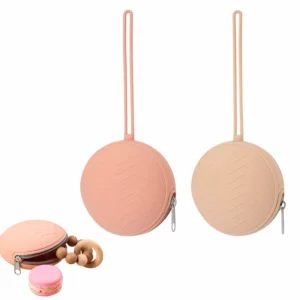 Pink and apricot silicone pacifier holder case, ideal for travel, keeps pacifiers clean and accessible.