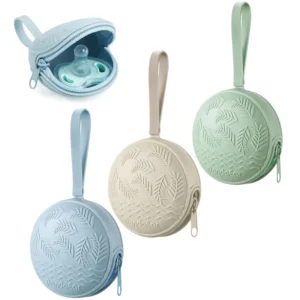 This image shows a set of three PandaEar silicone pacifier holder cases in green, blue, and cream, designed to keep baby pacifiers clean and accessible while traveling.