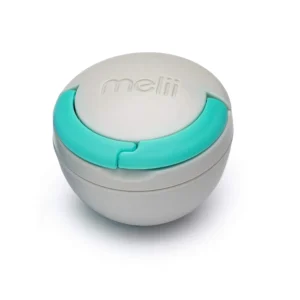 This grey and blue melii pacifier pod with carabiner clip keeps your baby's pacifier clean, organized, and accessible by attaching to bags, strollers, or purses.