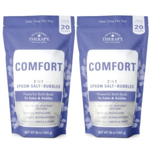 Two packs of Village Naturals Therapy Chronic Pain Relief Bath Soak, cruelty and gluten free, sponsored by the National Fibromyalgia Association.