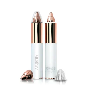 This mini portable eyebrow trimmer for women features an 18K gold-plated hypoallergenic blade, a 360-degree LED light for precision, and removes individual eyebrow hairs quickly and painlessly, keeping brows looking great.