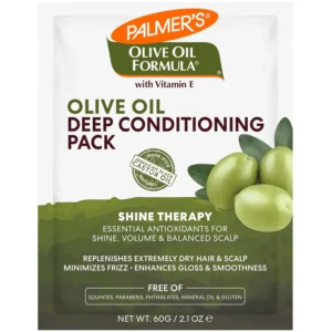 Palmer's Olive Oil Formula Deep Conditioner hair pack with Extra Virgin Olive Oil and Vitamin E to repair dry, damaged, weak, and brittle hair leaving it silky, healthy, and shiny.