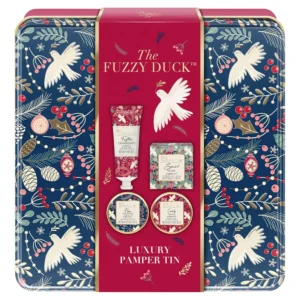 Baylis & Harding Fuzzy Duck Winter Wonderland pamper tin gift set including shower creme, body butter, hand cream, and soap, vegan friendly.