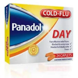 A box of Panadol Cold and Flu Day caplets, each containing 500mg of medicine to relieve major cold and flu symptoms.