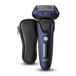 Close-up of the Panasonic 5-blade electric shaver featuring a responsive beard sensor and multi-flex head for a comfortable, clean shave.