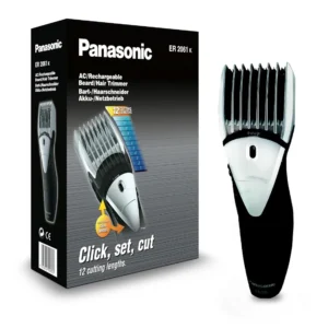 A cordless Panasonic beard and hair trimmer, model ER206, featuring stainless steel blades and offering 12 cutting length adjustments for achieving your perfect look.