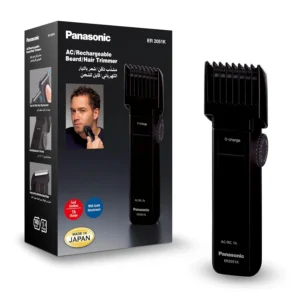 Black Panasonic ER2051 beard and hair trimmer with stainless steel blade, twelve length settings and thinning attachment.