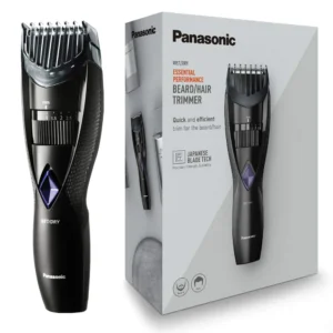 Black Panasonic ER-GB37 electric beard trimmer with adjustable dial and comb attachment, showcasing its wet and dry functionality and multiple cutting lengths for achieving various beard styles.