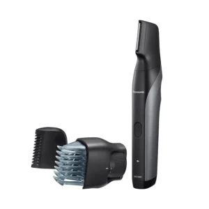 The Panasonic body groomer is shown with its attachments, designed for wet/dry use and multi-directional shaving in sensitive areas.