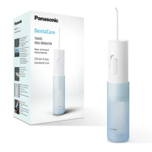 Compact and portable Panasonic dental water flosser with two water pressure settings for gentle and effective cleaning of interdental spaces and gums, perfect for travel.