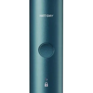 Blue Panasonic electric razor for men with a 3-blade cutting system, ergonomic handle, and USB-C charging capabilities, suitable for wet or dry shaving.